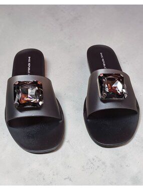 Black Slides With Oversized Gemstone Embellishment